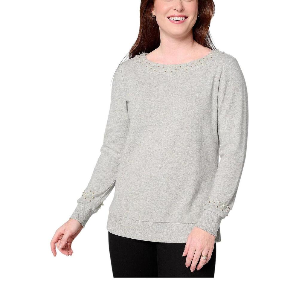 Jingle Belles by Kim Gravel Women's Simulated Pearl Boatneck Top Gray - Regular